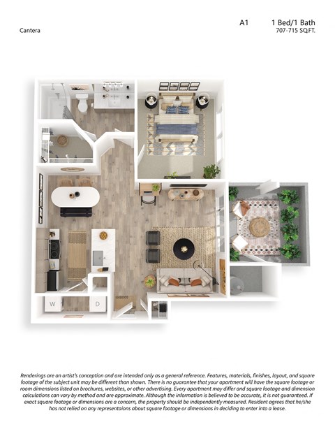 Floor plan for 1 bed, 1 bath, 707 sqft